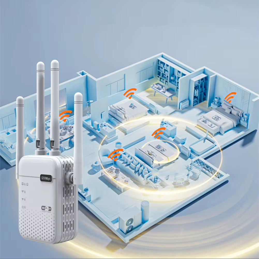 1200Mbps Wifi Signal Booster 4 External Antennas 5Ghz & 2.4Ghz Dual-Band Internet Extender for Home Office