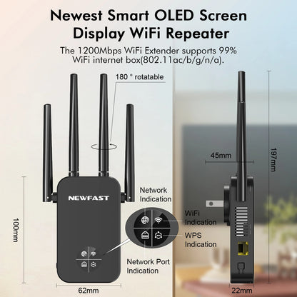 Newfast 1200Mbps Wifi Repeater Long Range OLED 5Ghz De Sinal Wifi Extenders Amplifier Signal Booster Antenna Repeator UK Plug